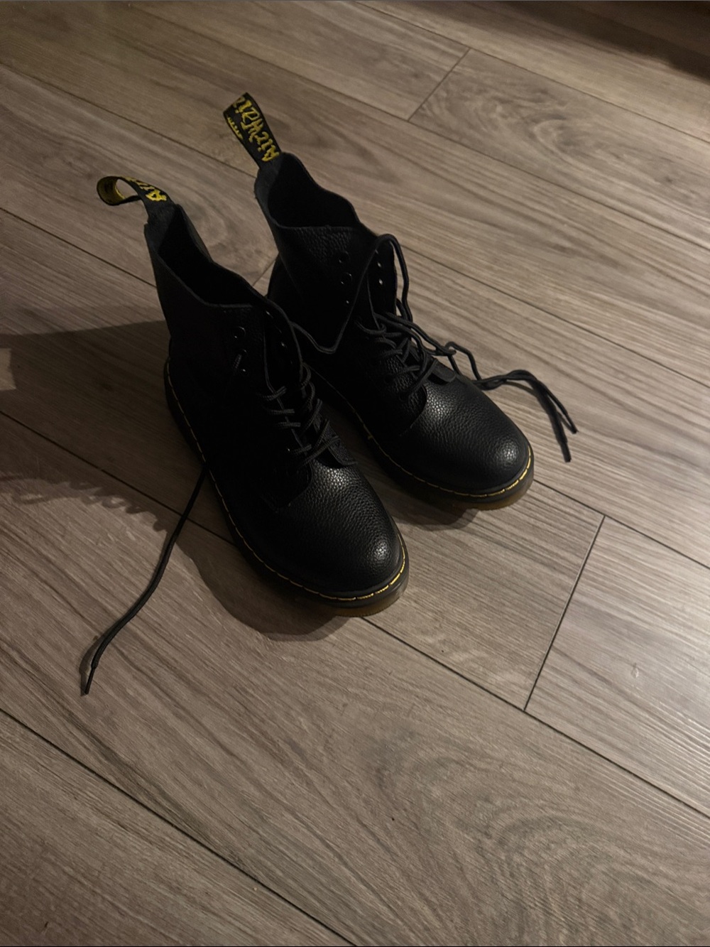 Dr. Martens Black Leather Lace-Up Ankle Boots with Yellow Stitching